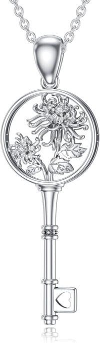 wholesale 925 Sterling Silver Key Pendant Necklace With Floral Design-11-Nov-Chrysanthemum