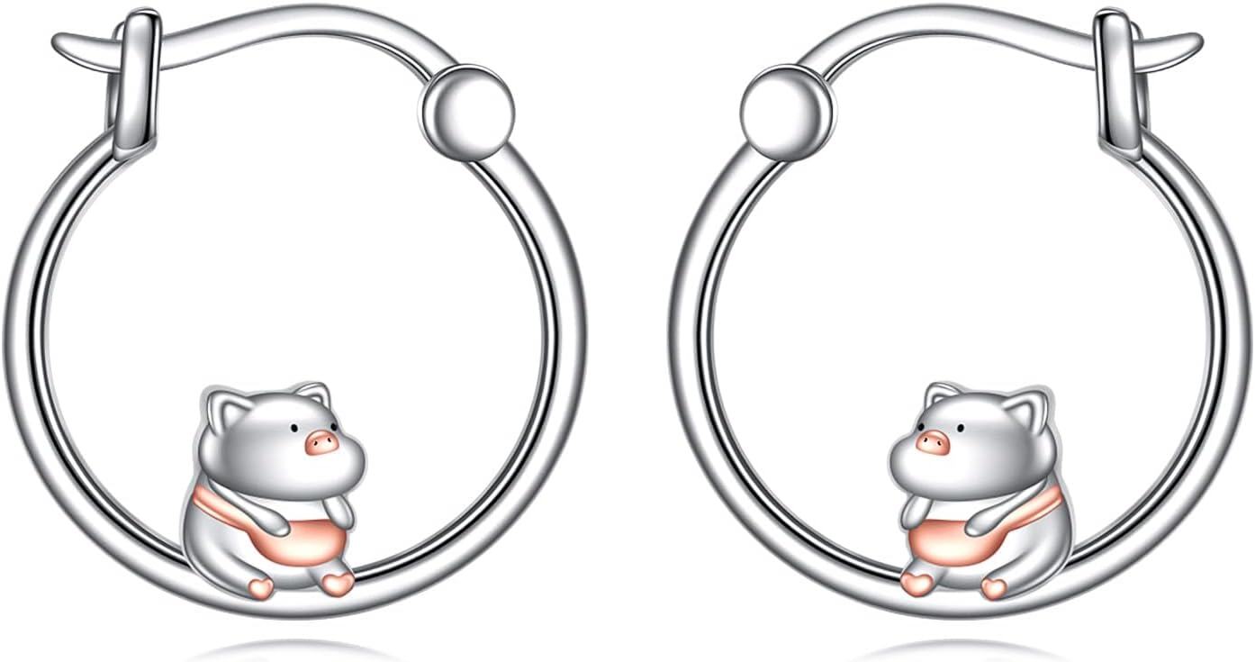 Sterling Silver Animal Hoop Earrings Fox Bear Penguin Axolotl Octopus Raccoon Christmas Gifts for Women-0-0