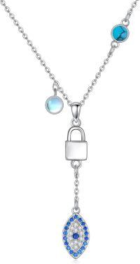 wholesale 925 Sterling Silver Blue Evil Eye Lock Charm Turquoise Moonstone Adjustable Necklaces for Women Gifts-Evil Eye Necklace