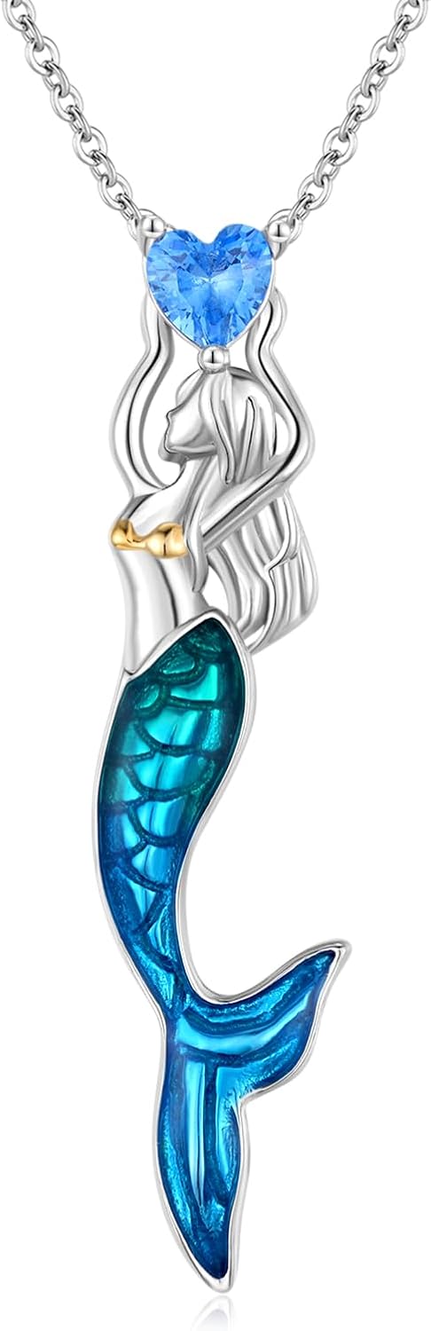 wholesale 925 Sterling Silver Blue CZ Heart Mermaid Pendant Necklaces for Women Girls Beach Gifts-0-0