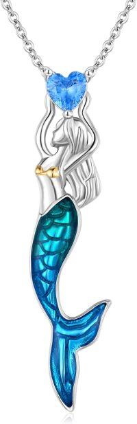 wholesale 925 Sterling Silver Blue CZ Heart Mermaid Pendant Necklaces for Women Girls Beach Gifts-02-Mermaid （blue）