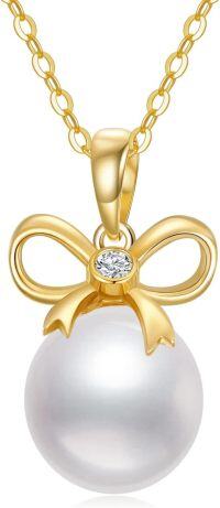 wholesale 14K Gold Bow Tie Design White Freshwater Pearl Pendant Necklace for Women-Bow Tie