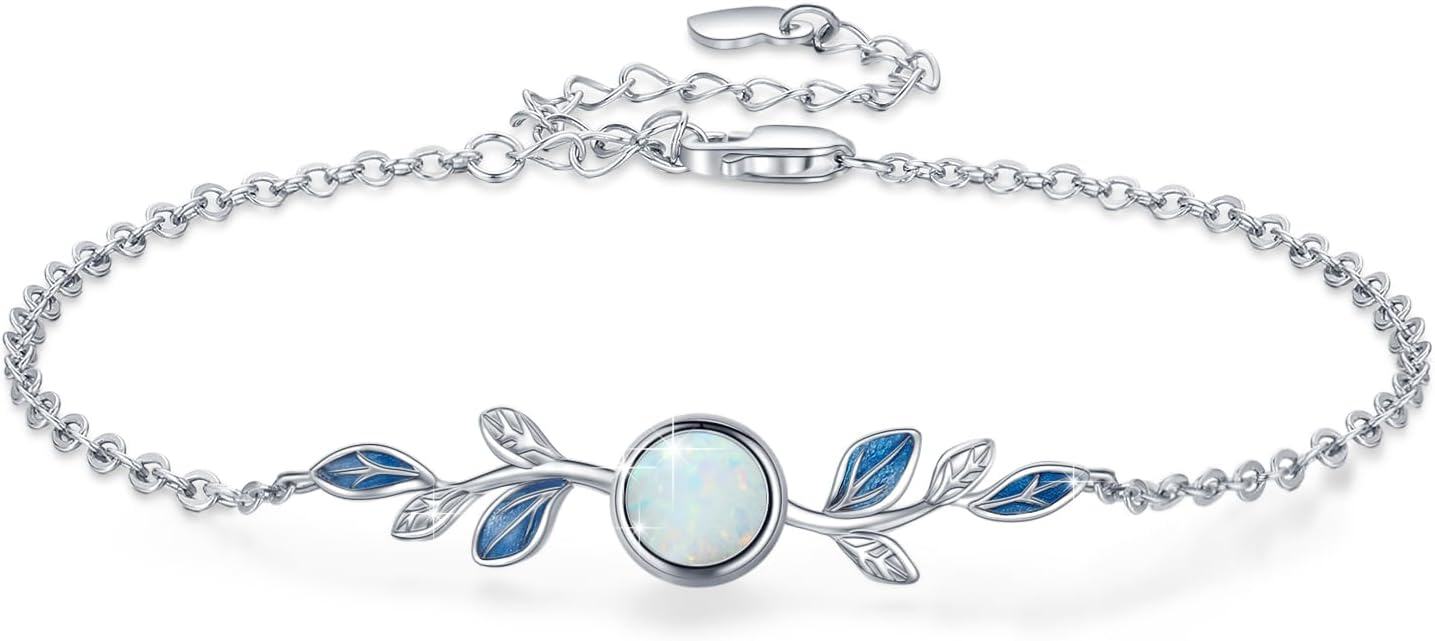 wholesale 925 Sterling Silver Blue Opal Leaves Charm Bracelet for Women's Gifts-0-0