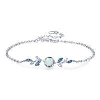wholesale 925 Sterling Silver Blue Opal Leaves Charm Bracelet for Women's Gifts-G-Opal