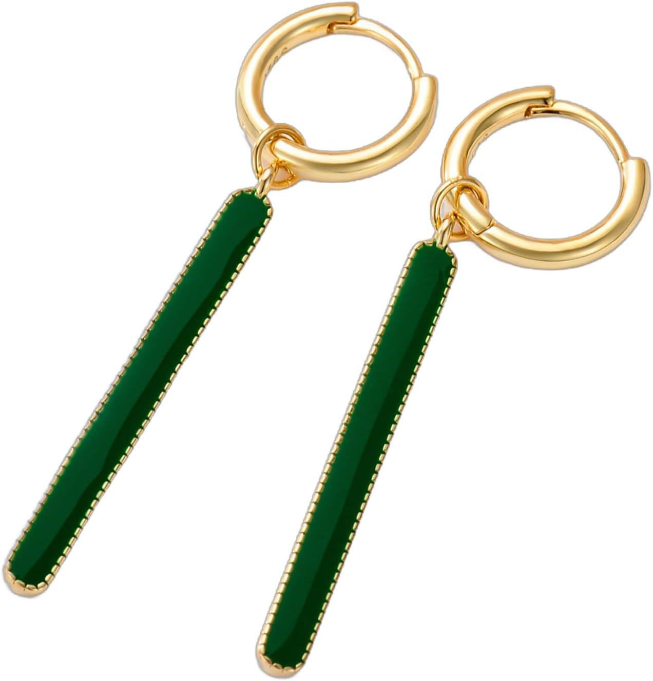 18K Gold Plated Sterling Silver Bar Earrings Simple Dangle Earrings for Women-Green