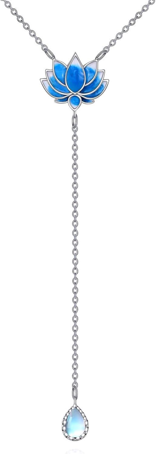 925 Sterling Silver Blue Moonstone Lotus Pendant Chain Necklace s for Her-0-0