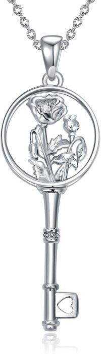 wholesale Sterling Silver Diamond Birth Flower Key Necklace for Women-8-Aug-Poppy