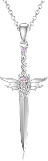 wholesale 925 Sterling Silver Pink Crystal Dragon Sword Cross Pendant Necklace for Women's Gifts-Dragon