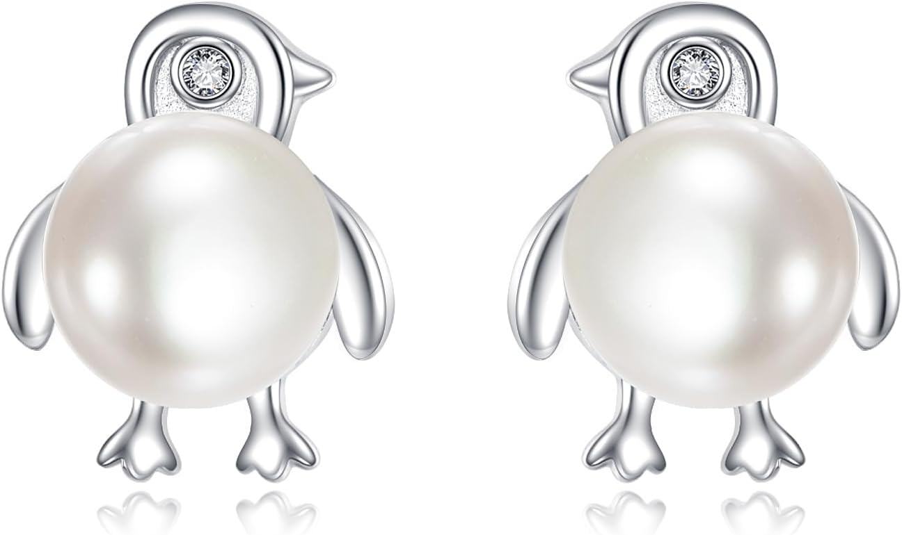  Sterling Silver Pearl Unicorn Owl Penguin Stud Earrings Cute Animal Jewelry Gift -Penguin