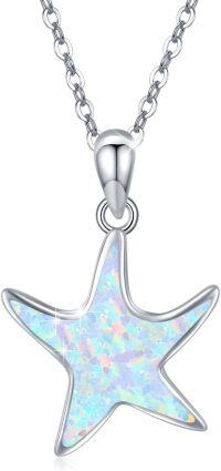 wholesale 925 Sterling Silver White Fire Opal Starfish Pendant Necklace Sea Life Jewelry for Women Girls 45cm Chain Length-A1-White Opal