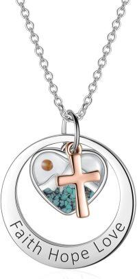 wholesale 925 Sterling Silver Turquoise Stone Heart & Rose Gold Cross Pendant Necklace with Crystals-Faith Mustard Seed-Turquoise