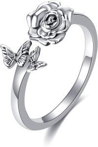 wholesale 925 Sterling Silver Rose Sunflower Highland Cow Adjustable Open Ring for Women-7 Rose Open Ring