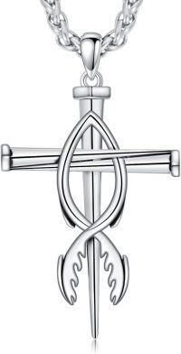 wholesale 925 Sterling Silver Fish Tail Cross Pendant Necklace  Christian Jewelry for Men-E01-Fish Nail Cross