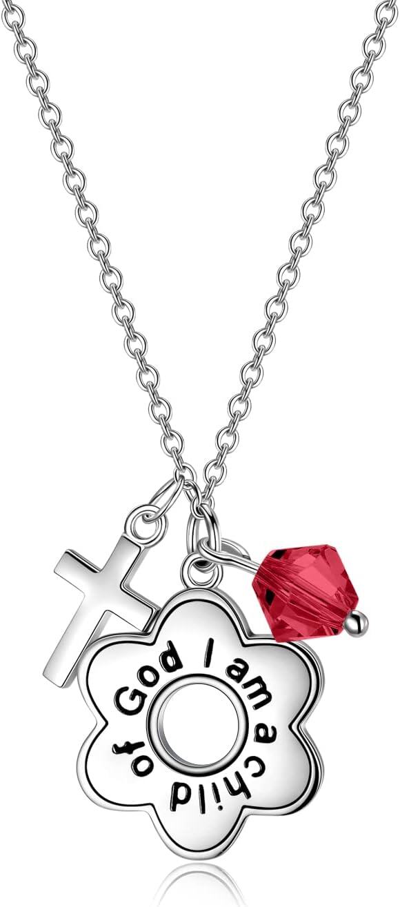Sterling Silver Daisy Child of God Necklace for Girls Baptism Communion Birthday-Simulated Ruby