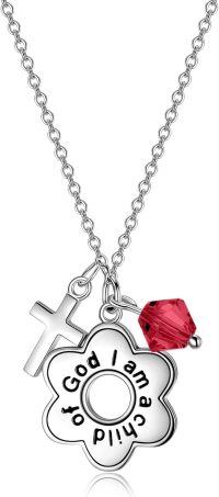 wholesale Sterling Silver Daisy Child of God Necklace for Girls Baptism Communion Birthday-Simulated Ruby