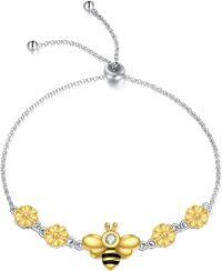 wholesale 925 Sterling Silver Bee & Flower Charm Adjustable Bracelet for Women Girls - Cute -Bee bracelets