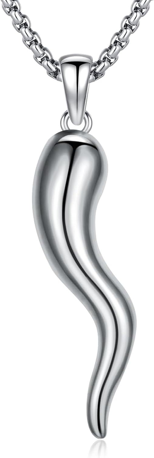 wholesale Stainless Steel & 925 Sterling Silver Italian Horn Pendant Luck Charm Necklaces for Men Women - 24 Chain Length-0-0