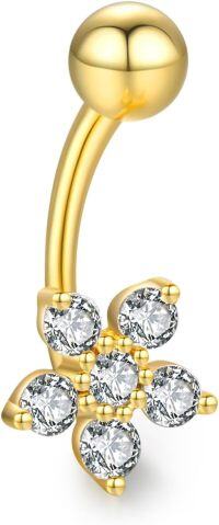 wholesale 14K Gold 6mm Flower Belly Button Rings for Women CZ Crystal Body Jewelry (Sold Individually)-10K Gold Plated