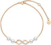 wholesale 10K Gold Infinity & Pearls Ankle Anklet with Moissanites and White Freshwater Cultured Pearls - Adjustable Length (7-8 inches)-10K Rose Gold