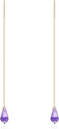 wholesale Gold 14k Purple Crystal Teardrop Threader Dangle Earrings for Women-Purple Crystal