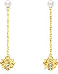 wholesale 925 Sterling Silver Gold Plated Seashell with White Pearl and Crystal Drop Dangle Earrings for Women-pearl