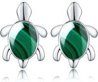 wholesale 925 Sterling Silver Malachite Sea Turtle Stud Earrings - Hawaiian Ocean Jewelry for Women-Malachite