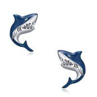 wholesale 925 Sterling Silver Shark Stud Earrings Blue Enamel Platinum Plated Ocean Animal Jewelry-Shark