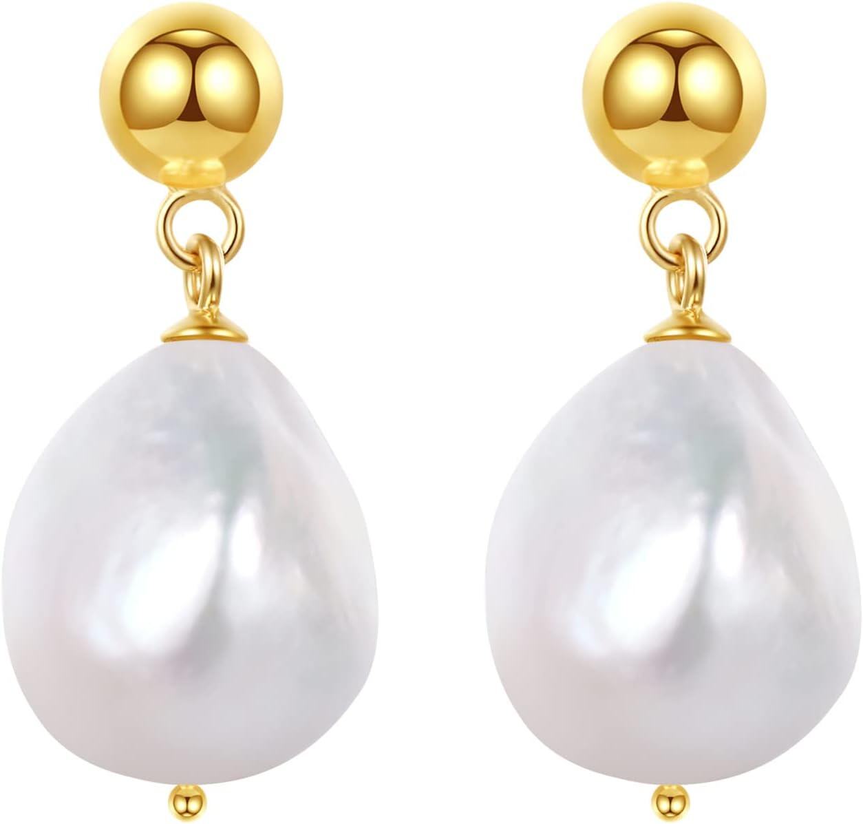 Gold Plated Sterling Silver Baroque Pearl Stud Earrings for Women-0-1