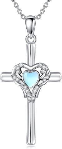 wholesale 925 Sterling Silver Heart-Shaped Cross Pendant Necklace with Opalite and Cubic Zirconia - Christian  for Women & Girls-Heart
