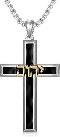 wholesale 925 Sterling Silver Men's Cross Necklace w/ 3 Gold Nails & Black Onyx Skull Pendant -Yhwh Cross