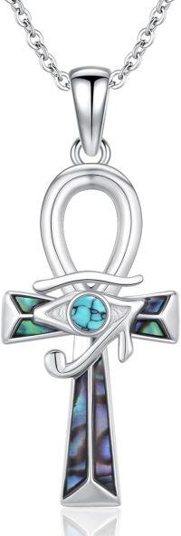 wholesale 925 Sterling Silver Egyptian Cross Turquoise Abalone Shell Pendant Necklace-Ankh