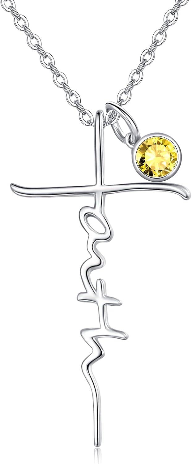 Sterling Silver Birthstone Faith Cross Pendant Necklace for Women-Citrine-Citrine