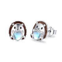 wholesale 925 Sterling Silver Cute Hedgehog Heart Moonstone White Gold Plated Stud Earrings-Hedgehog Studs