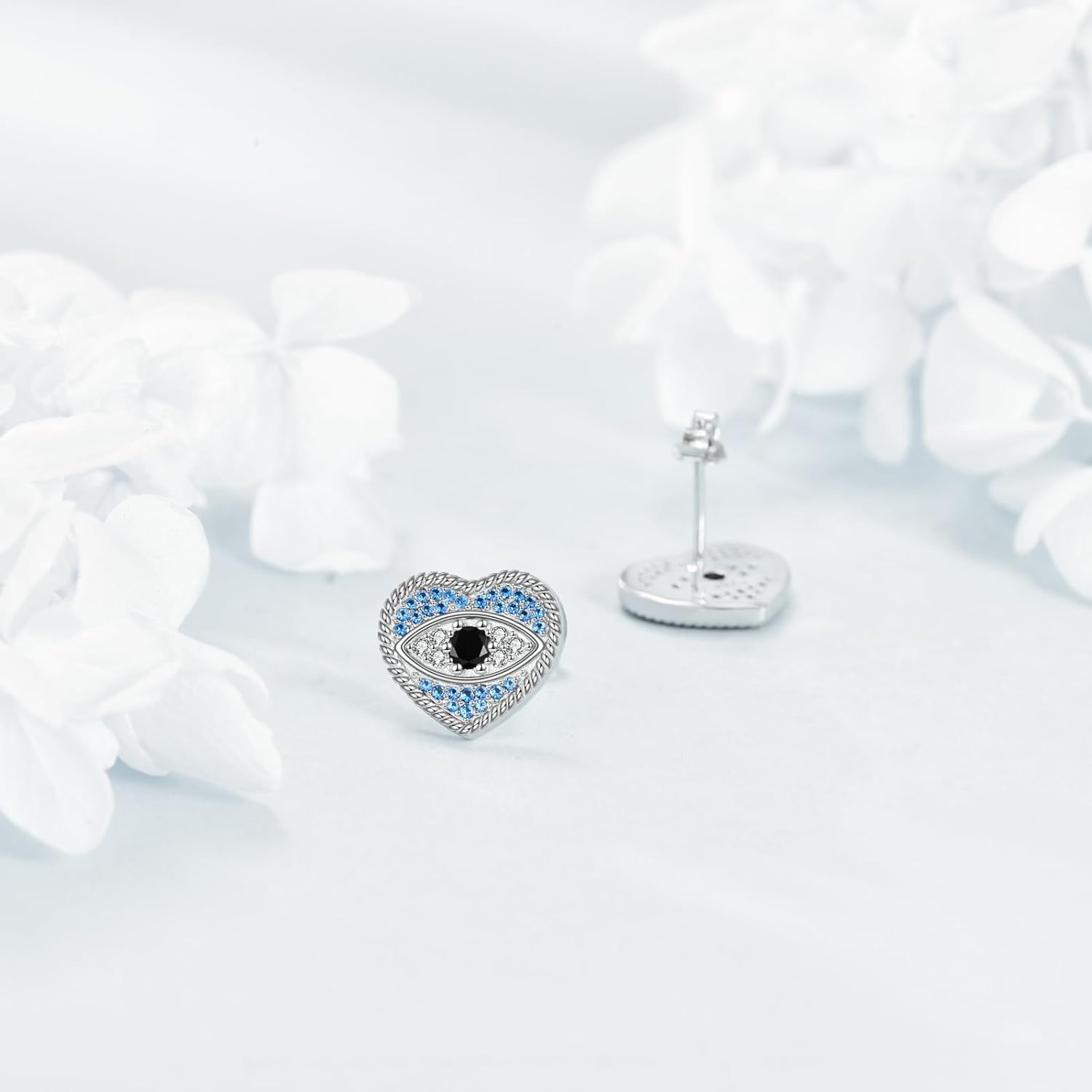 wholesale 925 Sterling Silver Heart Evil Eye Blue Crystal Stud Earrings for Women-0-3