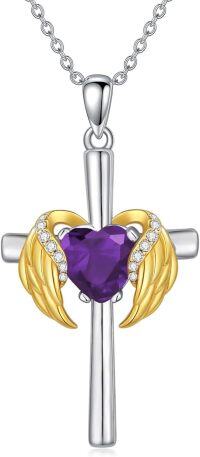 wholesale  Metal Cubic Zirconia Angel Wing Cross Necklace with Heart Birthstone 0 06cttw -02.Amethyst-Feb