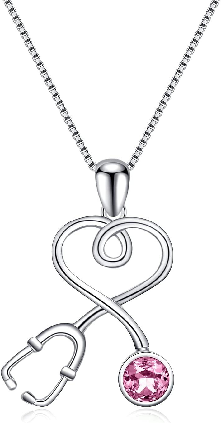 Sterling Silver Stethoscope Necklace w 12 Austria Birthstone Crystals Med Grad Gift-925 Silver - Pink