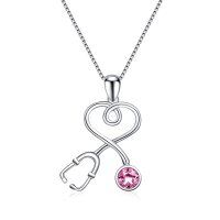 wholesale 925 Sterling Silver Pink Crystal Stethoscope Necklace for Doctors Nurses Medical Students - 18 Chain-925 Silver - Pink
