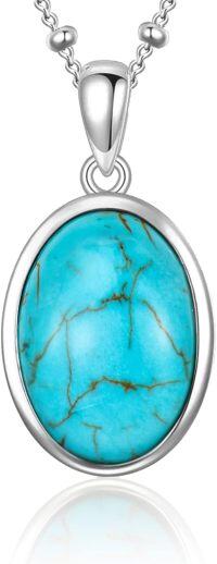 wholesale 925 Sterling Silver Oval Genuine Turquoise Pendant Necklace for Women-White Gold Plated