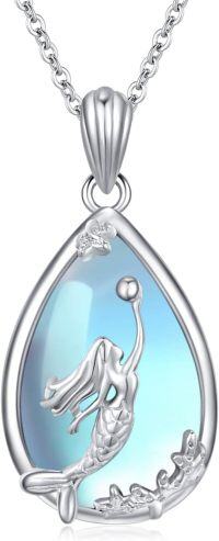 wholesale 925 Sterling Silver Teardrop Blue Opal CZ Mermaid Pendant Necklaces for Women Ocean Beach Gifts-04-Mermaid Moonstone