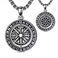 TOUPOP 925 Sterling Silver Zircon Norse Viking Necklace For Men Gifts-style_name:C-Viking Vegvísir & Sun Black