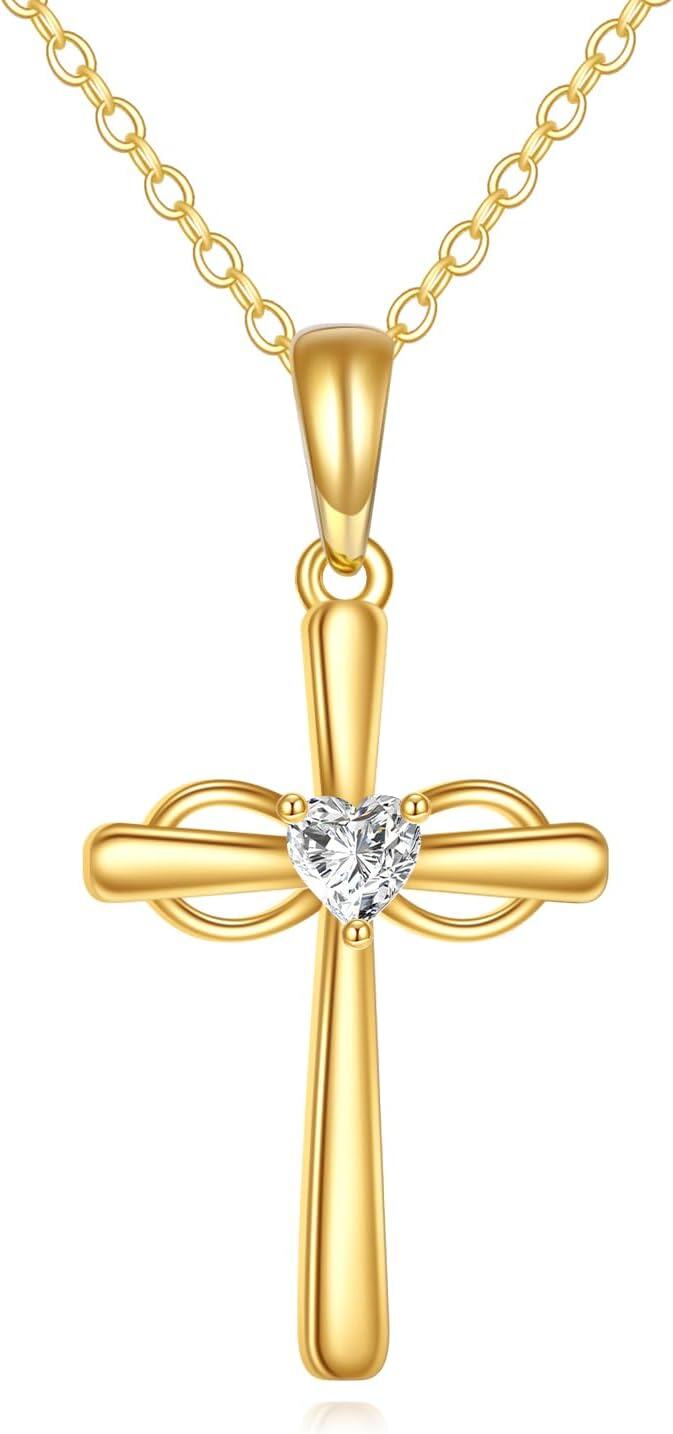 wholesale 14K Gold Heart-Shaped Diamond Cross Necklace for Women - Religious Idea-0-0