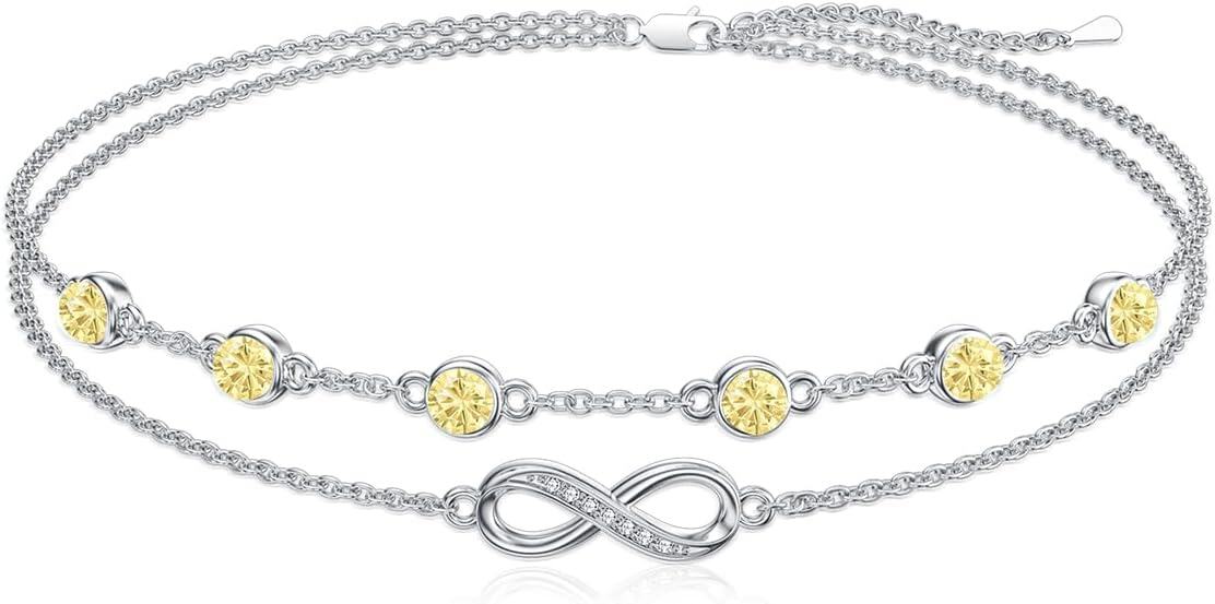 Sterling Silver Birthstone Women s Anklet Bracelets Infinity Butterfly Evil Eye Turtle Pineapple Starfish Heart-Anklet 9"-11"-Infinity 11-Yellow Topaz