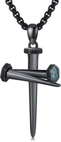 wholesale Black 925 Sterling Silver Hexagon Turquoise Cross Pendant Necklace for Men & Women-B04-Nail Cross(Turquoise)