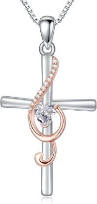 wholesale 925 Sterling Silver Cross Heart Pendant Necklace with Rhinestones and Chain for Women's Gifts-Music Cross-1