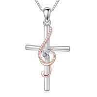 wholesale 925 Sterling Silver Cross Heart Pendant Necklace with Rhinestones and Chain for Women's Gifts-Music Cross-1
