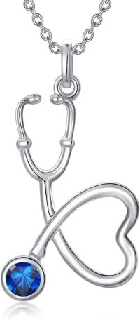 wholesale 925 Sterling Silver Clear Birthstone Heart Stethoscope Pendant Necklace for Nurse-9-September-Blue Sapphire