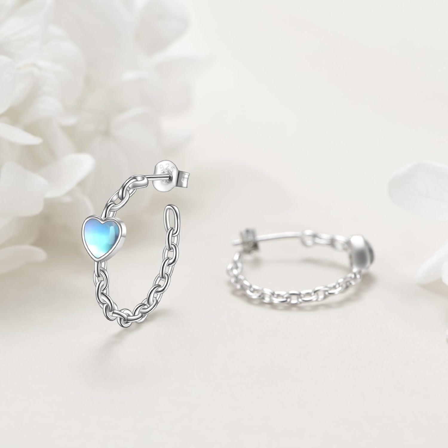 wholesale 925 Sterling Silver Metal Hollow Out Heart Moonstone Twist Chain Huggie Hoop Earrings Hypoallergenic Jewelry for Women-0-4