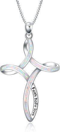 wholesale  Sterling Silver Blue White Opal Celtic Cross Necklace for Women -White Opal Necklace-White opal celtic knot cross necklace