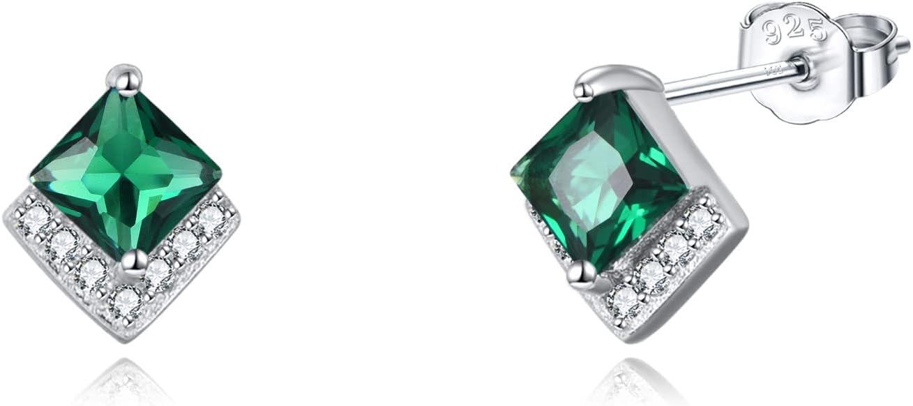 Sterling Silver Cubic Zirconia Birthstone Stud Earrings Hypoallergenic-May-Emerald