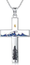 wholesale 925 Sterling Silver Cross with Wave and Tree Design Pendant Necklace for Women-0-0